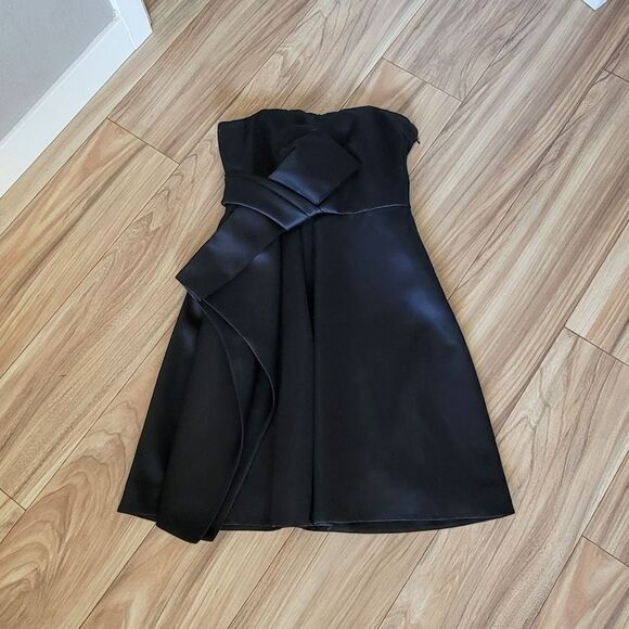 Haltston Heritage Satin Strapless Bow Front Cascading Cocktail Dress in Black - Picture 3 of 16
